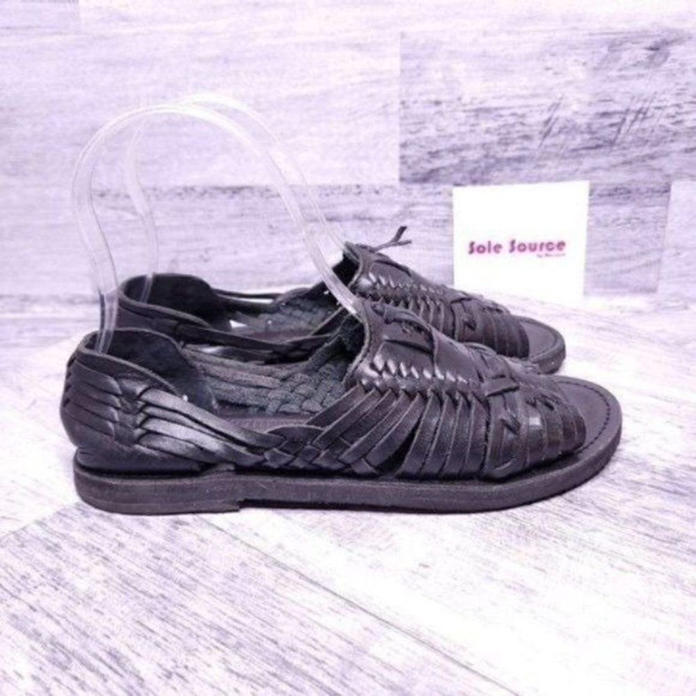 Chamula Huarache Open Toe Flat Leather Sandal Black Women's sz 5